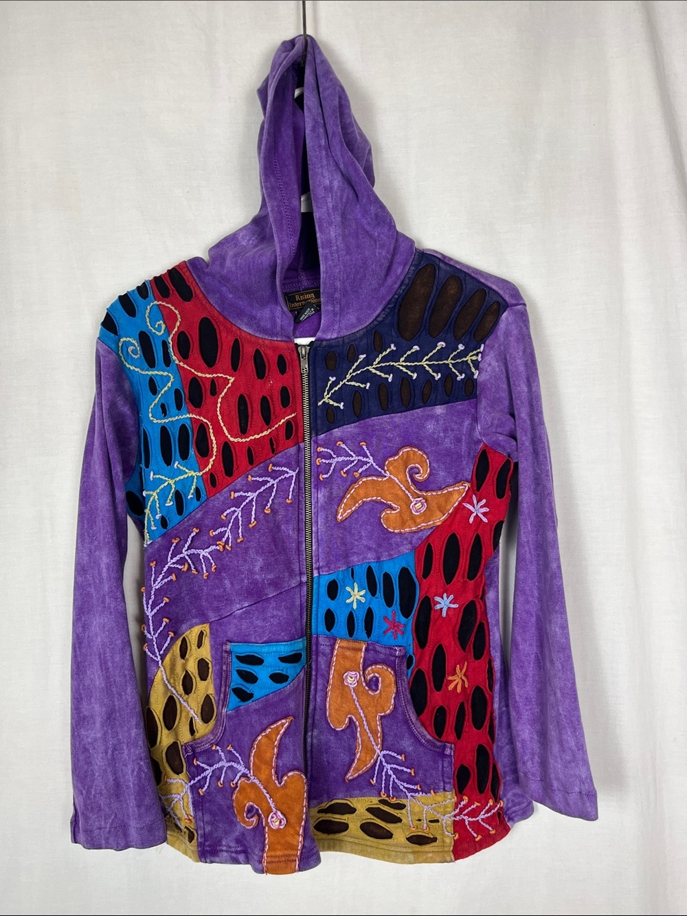 Vintage Rising International Purple Full Zip Patchwork Slashed Hoodie